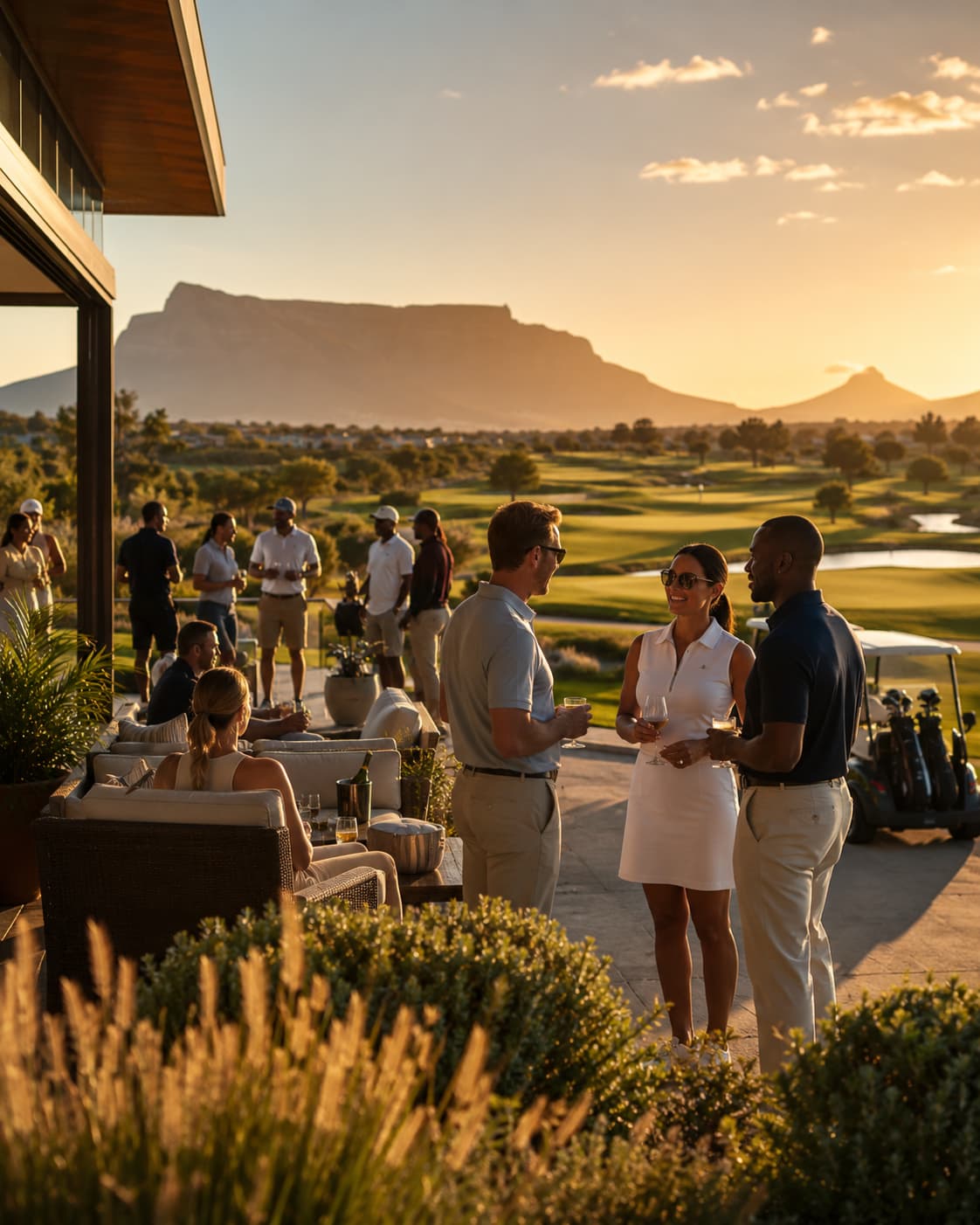 Sophisticated private golf club interior lounge with high-end leather chairs, wooden panels, and a view through large windows to the course